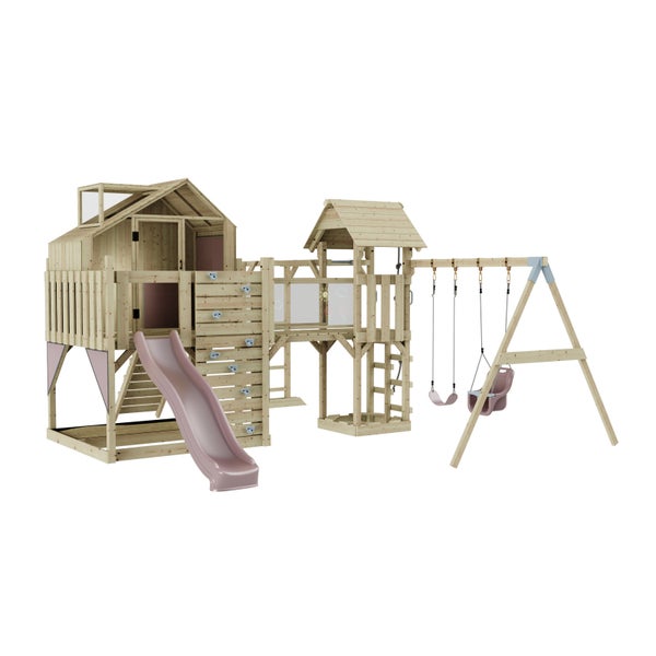 Spielplatz mit Spielhaus, Rutsche und Schaukel aus Holz