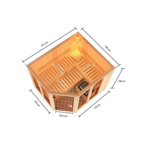 Karibu Innensauna Ainur 3 Innensauna 3 Sitzbänke aus Holz , Saunakabine mit 68 mm Wandstärke, Infrarotsauna mit Montagematerial