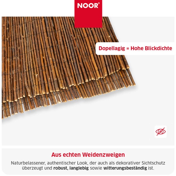 Doppellagige Sichtschutzmatte aus echten Weidenzweigen der Marke Noor für einen robusten und witterungsbeständigen Sichtschutz im Garten.