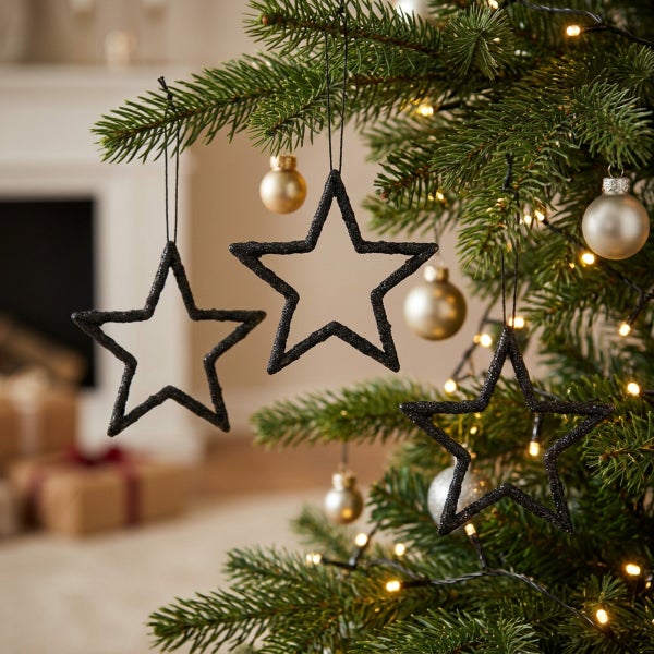 Drei hängende Sterne als Weihnachtsbaumschmuck aus glitzerndem Material am Tannenbaum mit Lichterkette und Weihnachtskugeln