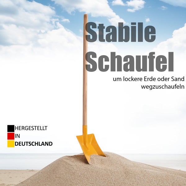 Stabile Schaufel mit Holzstiel in einem Sandhaufen, hergestellt in Deutschland.