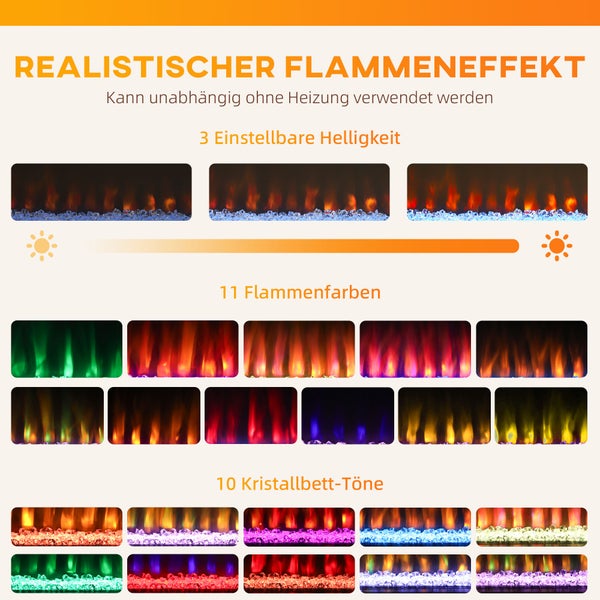 Elektrischer Kamin mit drei Helligkeitsstufen, elf Flammenfarben und zehn Kristallbett-Farben. Flammeneffekt separat von Heizung schaltbar.