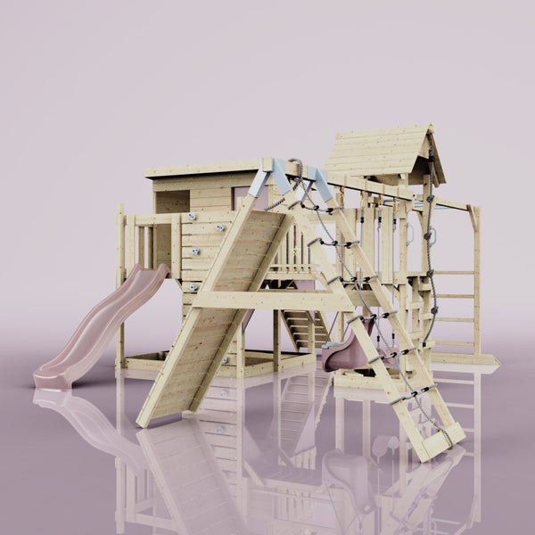 Spielturm aus Holz mit Rutsche, Kletterwand und Schaukel