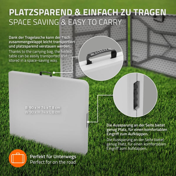 ML-Design Campingtisch klappbar Weiß 180x74 cm, Kunststoff, Klapptisch mit Tragegriff, Falttisch für Garten, Terrasse, Balkon, Gartentisch 6 Personen, Buffettisch Partytisch Koffertisch Flohmarkttisch