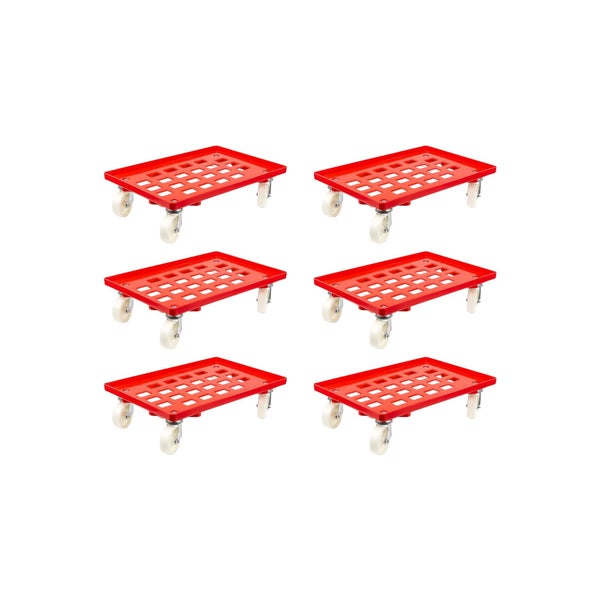 PROREGAL SparSet 6x Transportroller für Euroboxen 60 x 40 cm mit Kunststoffräder Rot Gitter/Rasterdeck 4 Lenkrollen Traglast 300 kg