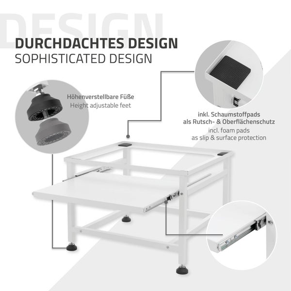 ML-Design Waschmaschinen-Untergestell mit ausziehbarer Ablage, Weiß, 62,5x53,5x45 cm, aus Stahl, bis 150kg, höhenverstellbaren Füße, Waschmaschinensockel Trocknersockel Podest Unterschrank Erhöhung