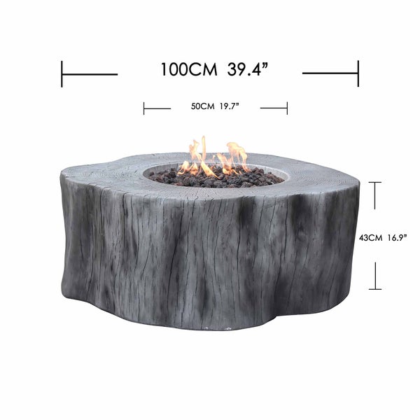 Garten-Feuerstelle in Baumstumpf-Optik: Durchmesser 100 Zentimeter, Höhe 43 Zentimeter, Brenner-Durchmesser 50 Zentimeter.