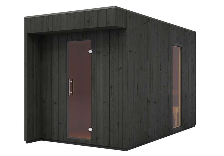 FinnTherm Saunahaus Siena Gartensauna 3 Sitzbänke aus Holz in Schwarz, Sauna mit 72 mm Wandstärke, Außensauna mit Montagematerial imprägniert