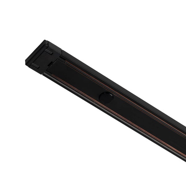 Schwarze Stromschiene für Schienensysteme mit sichtbaren Kupferleitern.