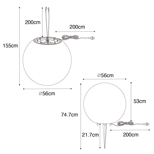 Abmessungen der Kugelleuchte: Durchmesser 56 Zentimeter, Kabellänge 200 Zentimeter, nutzbar als Pendelleuchte oder mit Erdspieß.