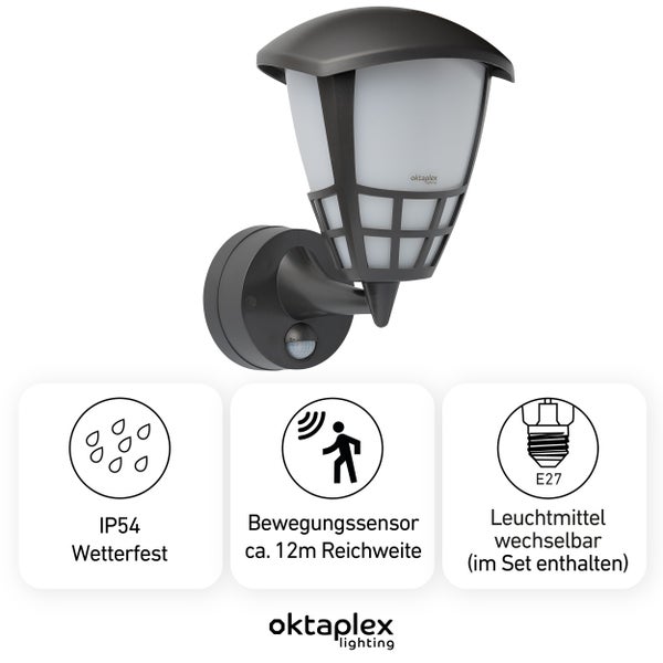 Bel Außenlampe mit Bewegungsmelder IP54 E27 2700K warmweiß 806lm Glühbirne anthrazit Außenleuchte 230V Bewegungsmelder