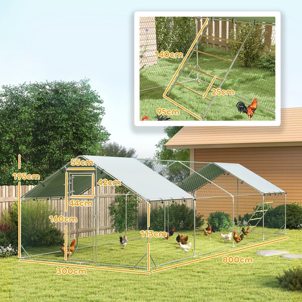 PawHut Hühnerstall Freilaufgehege aus Stahl, 300 x 800 x 195 cm Hühnerkäfig mit UV-beständiger Abdeckung, Futtertür, Hängefütterung, Sitzstange, Hühnergehege für 24-30 Hühner, Kleintiere, Silber