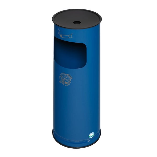 Blauer zylindrischer Kombiascher aus Metall mit seitlicher Abfallöffnung, integriertem Aschenbecher oben, Piktogrammen und VAR Logo.