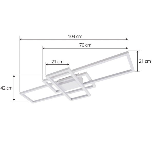 Maßzeichnung einer LED-Deckenleuchte aus rechteckigen Rahmen mit einer Länge von 104 Zentimetern und einer Breite von 42 Zentimetern.