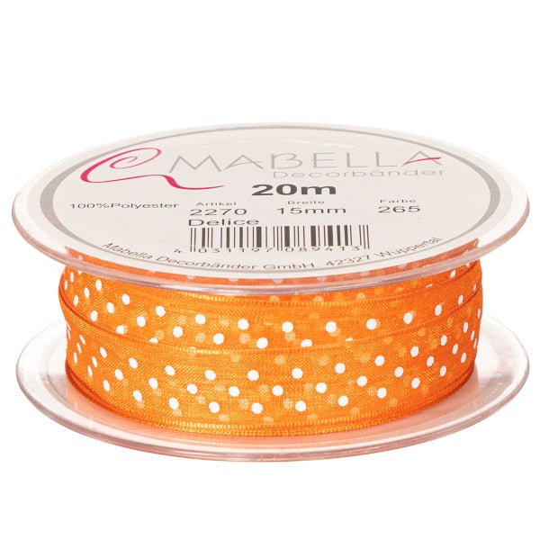 Polyesterband Orange mit weißen Punkten auf Spule, 15 mm breit und 20 m lang