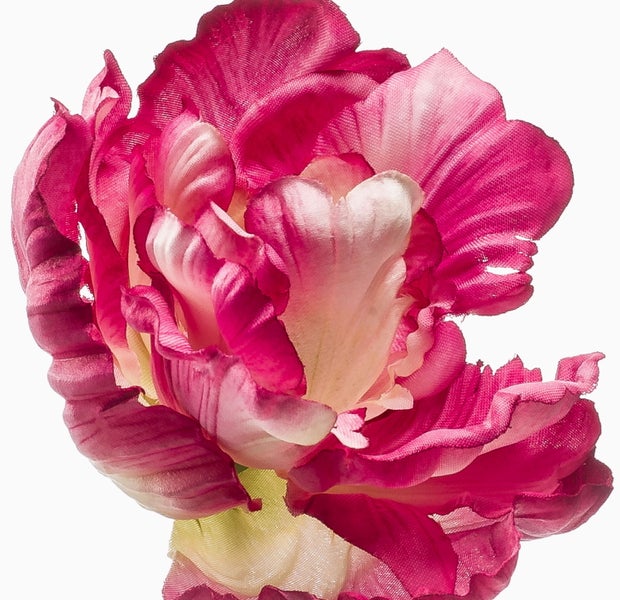 Künstliche Papageien-Tulpe mit gerüschten Blütenblättern in Rosa und Weiß aus strukturiertem Textilgewebe.