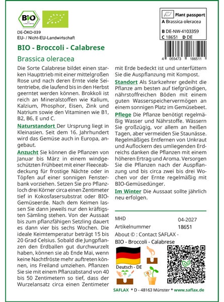 SAFLAX Garden in the bag - BIO - Broccoli - Calabrese - Brassica oleracea - 100 Samen - Mit Anzuchtsubstrat im praktischen, selbst aufstellenden Beutel