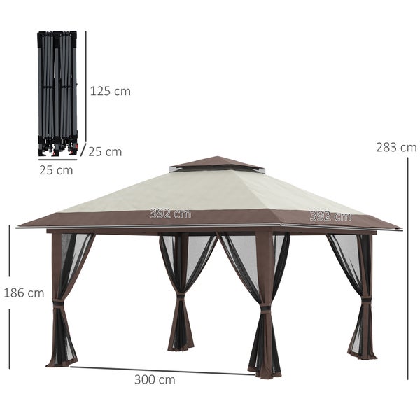 Outsunny Faltpavillon 4 x 4 m, Pavillon mit 4 Moskitonetz, Höhenverstellbares Pop-Up-Zelt UV-Schutz 50+, Partyzelt mit Doppeldach, Tragetasche, für Balkon, Campingplatz, Oxford-Polyester Beige