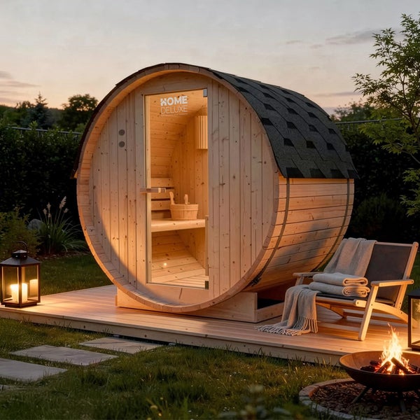 Fasssauna aus Holz von Home Deluxe auf einer Terrasse im Garten bei Dämmerung mit Holzbank, Eimer, Laterne und Feuerschale.