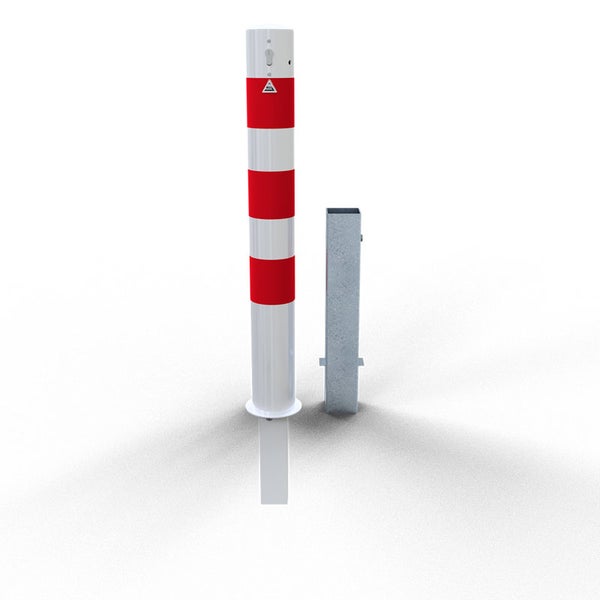 Schake Absperrpfosten herausnehmbar aus Stahlrohr verzinkt Ø108x2,9mm weiß mit rot reflektierenden Leuchtstreifen, Profilzylinder und Stahlkappe 900mm Überflur