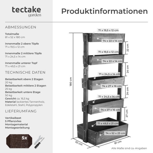 tectake garden Logo. Produktgrafik mit Abmessungen und technischen Daten für ein hölzernes Vertikalbeet mit 5 Etagen.