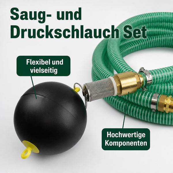 Saug- und Druckschlauch Set mit Schwimmkugel und Metallfilter für Gartenpumpen und Hauswasserwerke.