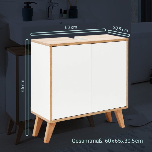 FACKELMANN FINN Badmöbel Set 3 Teile / Waschbecken / Waschbeckenunterschrank / 4 Holzfüße / Badschrank mit Push-to-Open / Korpus & Front: Weiß / Rahmendekor & Füße: Braun hell / Breite: 60 cm