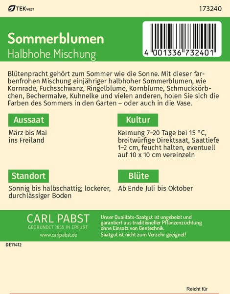 Rückseite einer Samentüte für eine halbhohe Sommerblumen-Mischung von Carl Pabst mit Anleitungen zu Aussaat, Kultur, Standort und Blütezeit.