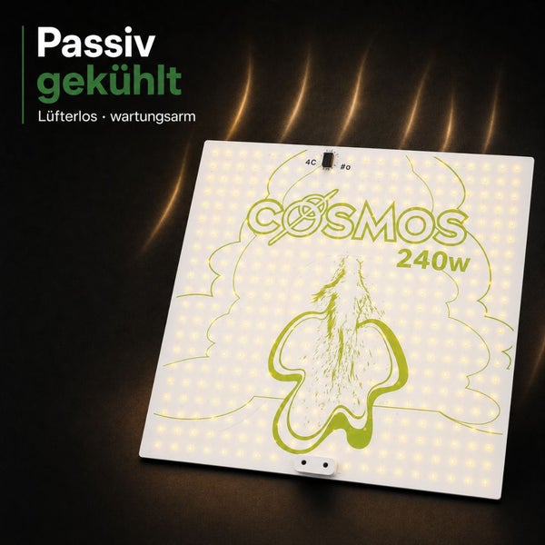 LED-Pflanzenlampe 240 Watt, passiv gekühlt, lüfterlos und wartungsarm, Cosmos Logo.