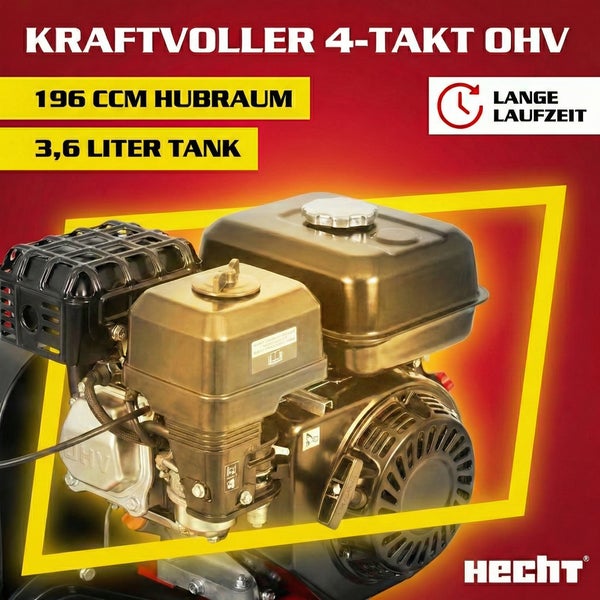 Hecht Viertaktmotor mit 196 Kubikzentimeter Hubraum und 3,6 Liter Tank