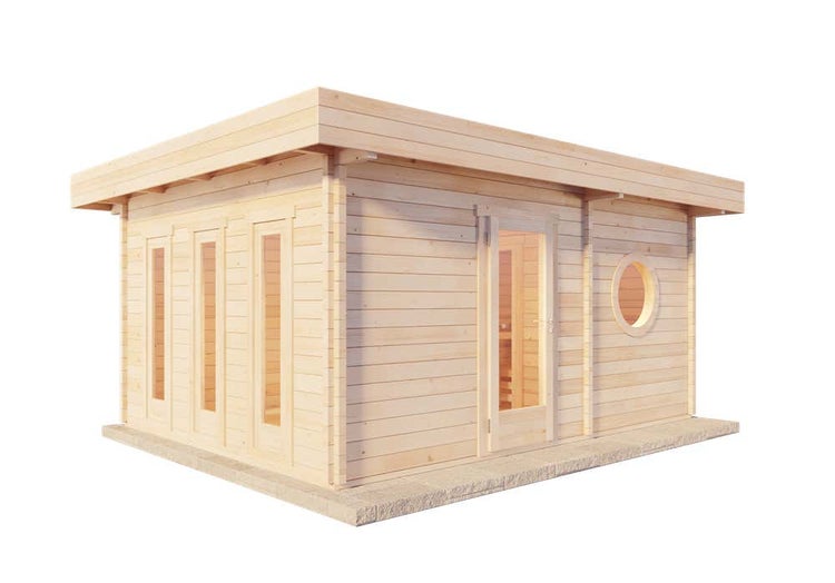 Modernes Gartenhaus aus hellem Holz mit Flachdach, hohen Glasfenstern, einer Glastür und einem runden Bullauge.