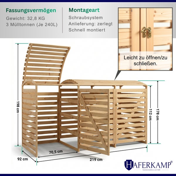 Haferkamp Mülltonnenbox aus Holz für drei Mülltonnen. Maße: 219 Zentimeter Breite und 92 Zentimeter Tiefe.