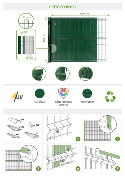 PVC-Sichtschutzlamellen-Set 6m CINTO H.190cm Grün