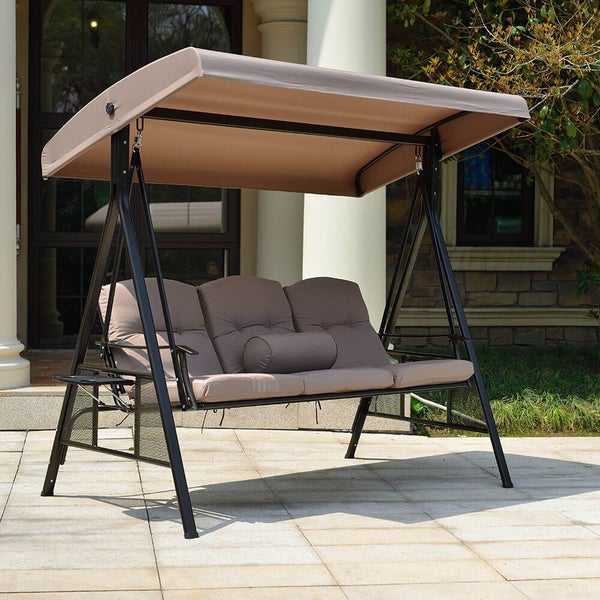 Home Deluxe - Hollywoodschaukel DESCANSO Beige mit Abdeckung - 3-Sitzer, B/H/L 115cm x 195cm x 198cm, inkl. Getränkehalter, Sitz- und Rückenkissen I Gartenliege Gartenlounge Schaukelliege