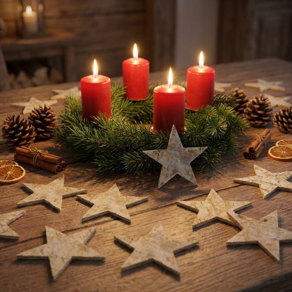 Adventskranz mit vier brennenden Kerzen, Tannenzweigen, Tannenzapfen und Dekosternen auf einem Holztisch als stimmungsvolle Weihnachtsdekoration.