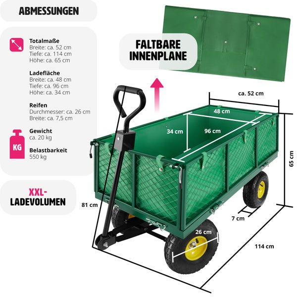 Bollerwagen tectake  Belastbarkeit 550 kg mit klappbaren Seitenwänden grün