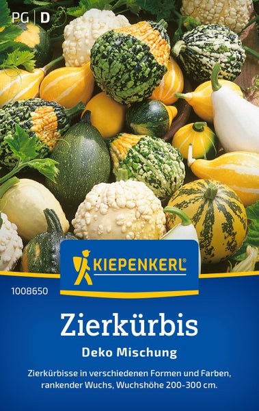 Saatguttüte Kiepenkerl Zierkürbis Deko Mischung mit verschiedenen Formen und Farben, rankender Wuchs, Wuchshöhe 200 bis 300 Zentimeter.