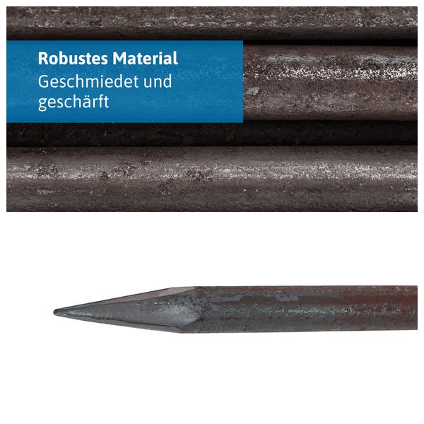Robuste Metallstäbe aus geschmiedetem und geschärftem Stahl mit strukturierter Oberfläche und spitzem Ende.