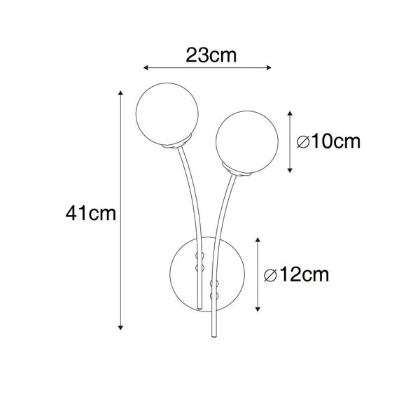 Technische Zeichnung einer Wandleuchte mit zwei Leuchtenarmen, Gesamthöhe 41 cm