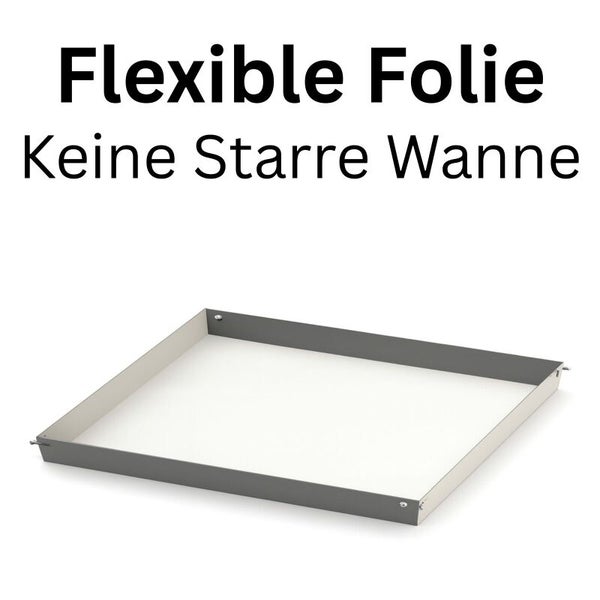 Flexible Folie in Wannenform mit niedrigen Rändern und Metalleckverbindern. Keine starre Wanne.