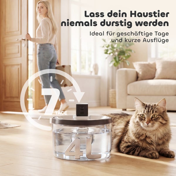 Transparenter Trinkbrunnen für Haustiere mit 4 Liter Fassungsvermögen, liegende Katze daneben und Hinweis auf 7 Tage Wasserversorgung.