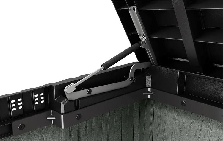 Nahaufnahme der Gasdruckfeder an einer Gartenbox für einfaches Öffnen und Schließen des Deckels.