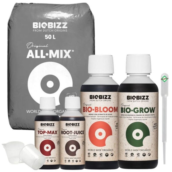 BioBizz All-Mix Erde-Set Medium – 50L hochwertige Blumenerde + Bio Grow & Bloom (je 500 ml) + Top-Max & Root Juice – Komplettset für optimales Wachstum & Blüte inkl. Pipette