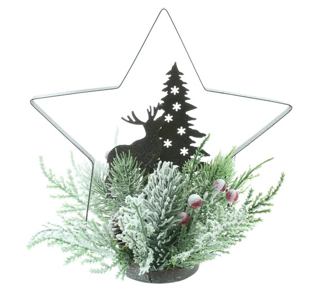 Dekorative Sternfigur mit Hirsch, Tanne und Tannengrün als weihnachtliche Dekoration.