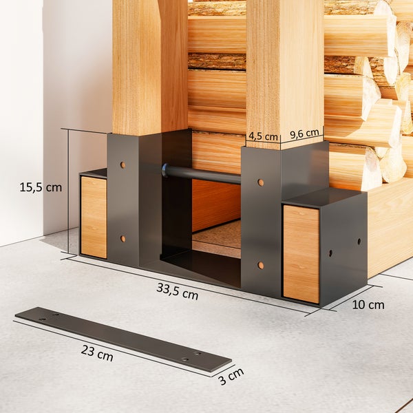 Detailansicht eines Kaminholzregals mit Maßangaben