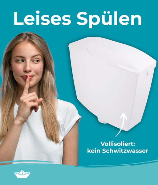 Ein voll isolierter Spülkasten für leises Spülen, der Schwitzwasserbildung verhindert.