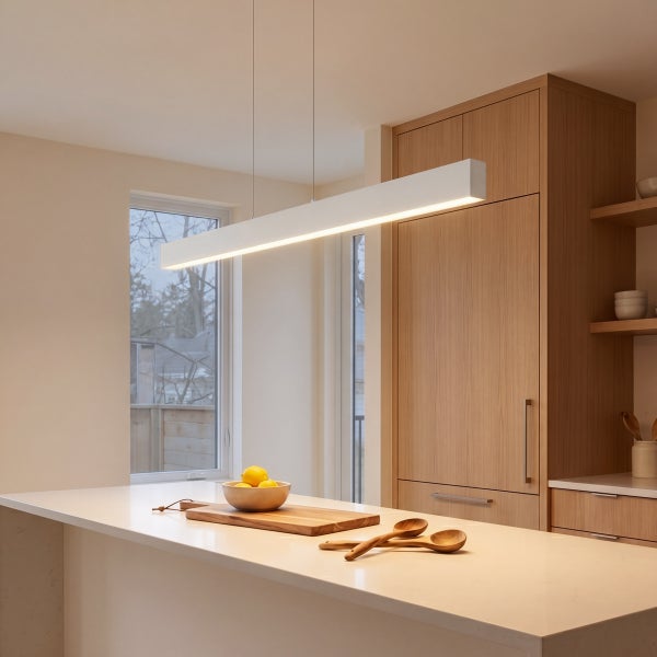 Moderne längliche LED Pendelleuchte über einer Kücheninsel mit Holzschränken in einer hellen und wohnlichen Küchenumgebung.