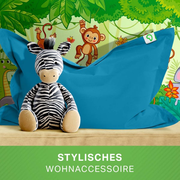 Blauer Sitzsack mit Zebra Plüschtier als Dekoration.