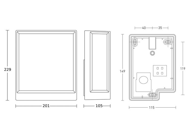 Technische Zeichnung einer rechteckigen Wandleuchte mit Maßangaben