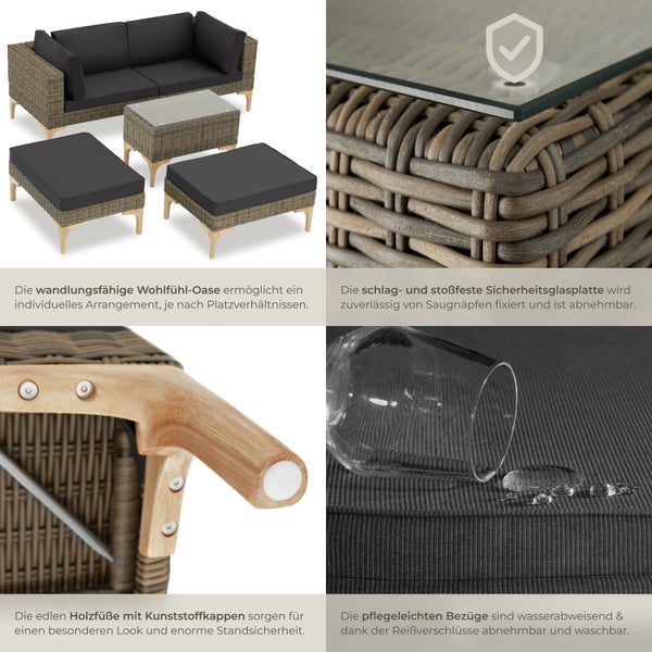 Rattan Lounge tectake Bellaria mit Sicherheitsglasplatte mit Aluminiumgestell natur